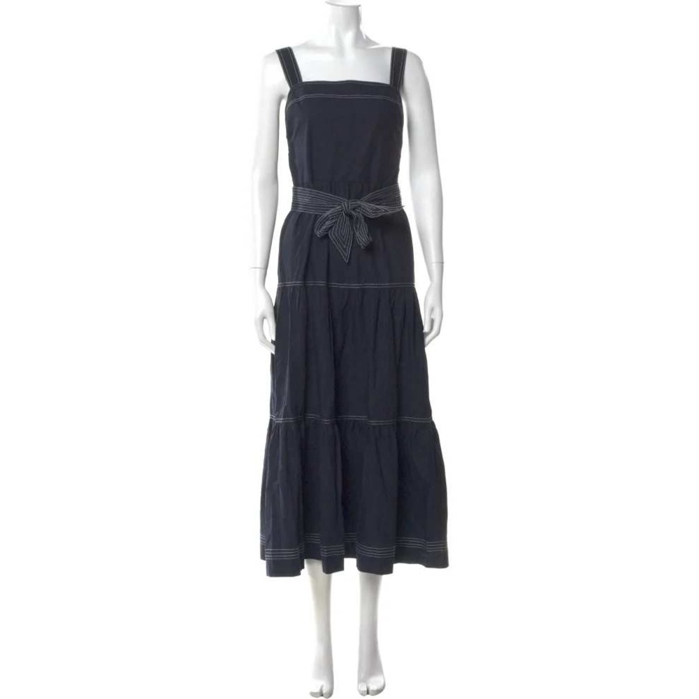 Caroline Constas Navy Contrast Stitch Smocked Tiered Midi Dress Small